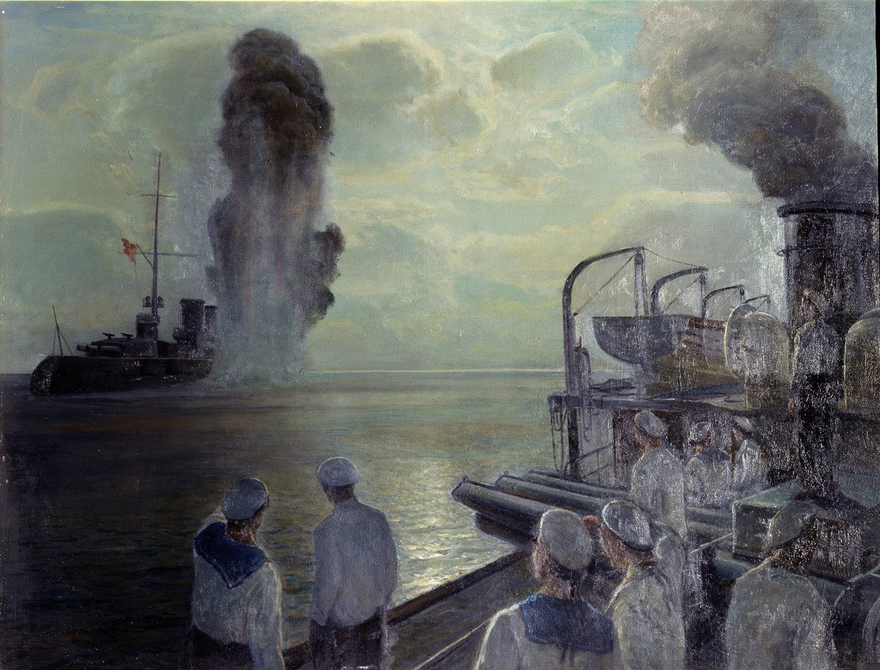 1917 年のロシア革命: 1918 年 6 月 18 日にロシアの黒海艦隊が自らの船を沈めた (1918 年 6 月 18 日の黒海艦隊の自己沈没)。 Nikolai Eviampievich Bublikov (1871-1942) の絵画、キャンバスに油彩 作： ニコライ・エヴランピエヴィチ・ブブリコフ