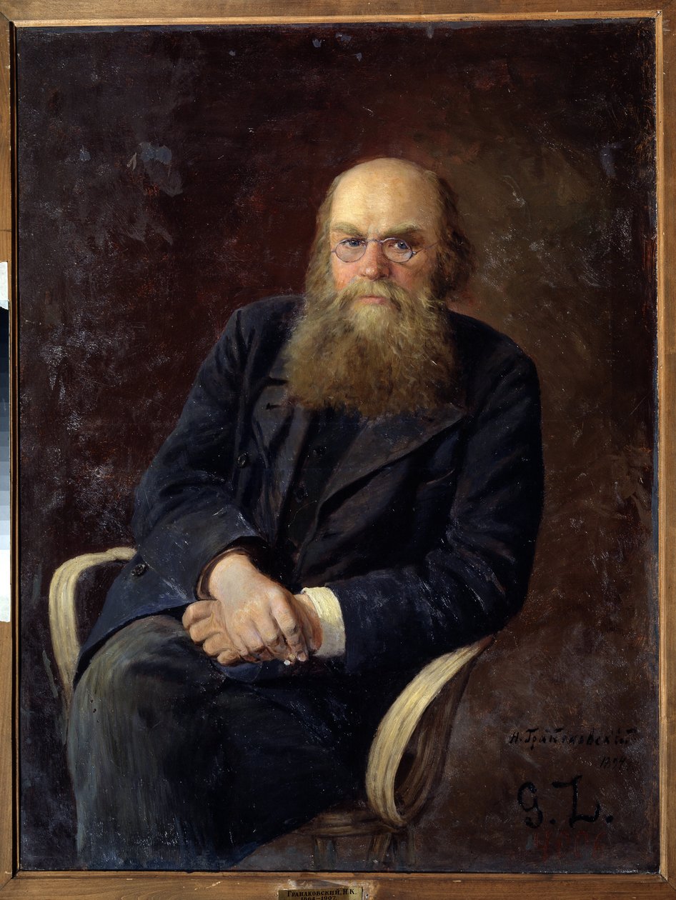 著者ニコライ N. ズラトヴラツキー (1845-1911) の肖像 (著者 N.N. ズラトヴラツキーの肖像)。 Nikolai Karlovich Grandkovsky (1864-1907) の絵画、キャンバスに油彩 作： ニコライ・カルロビッチ・グランコフスキー