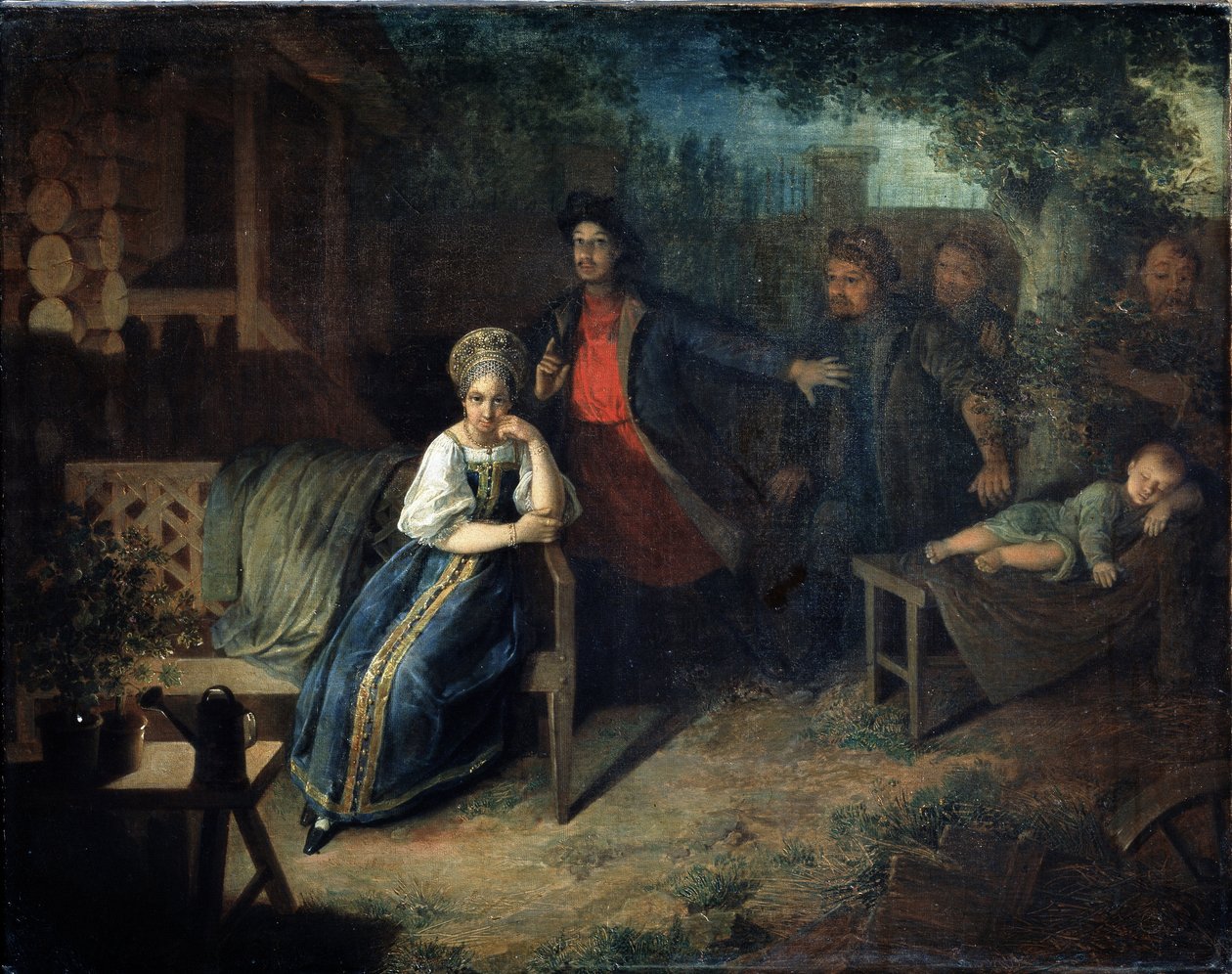 強盗Yegor Bashlykが商人の妻Grunyaを誘拐します。 Nikolai Mikhailovich Alexeyev (1813-1880) の絵画。 キャンバスに油彩、77.7 x 99.2 cm 作： Nikolai Mikhailovich Alexeyev