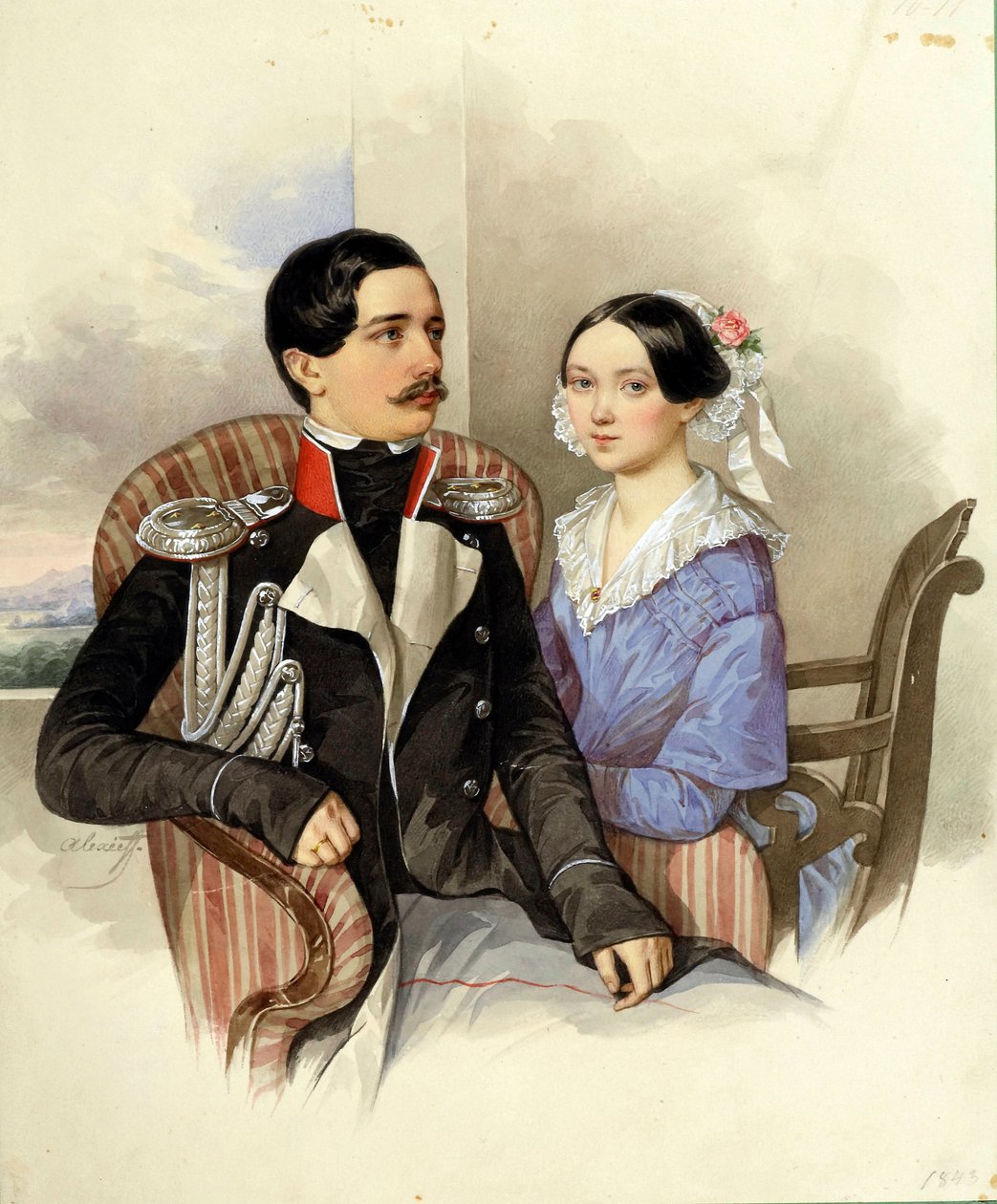 ヤコフ・カルロヴィッチ・シーヴァース伯爵 (1818-1865) とヴェラ・ミハイロフナ伯爵夫人 (1818-1865) の肖像 - N・M・アレクセーエフ (1800-1850) によるアートワーク 作： Nikolai Mikhailovich Alexeyev