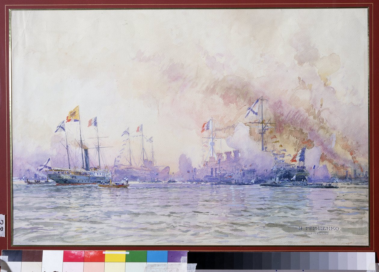 1893年、フランス戦隊がクロンシュタットに到着。 仏露同盟に続くフランス海軍 (軍艦、フリゲート艦、コルベット) のリアルな描写を伴う海の風景 作： ニコライ・ニコラエヴィッチ・グリッチェンコ