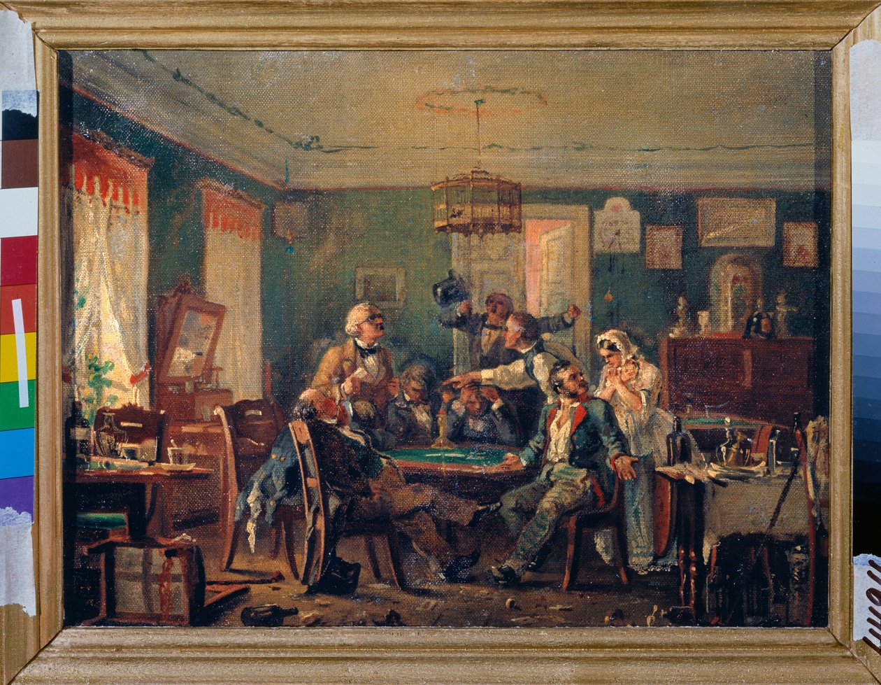 カードゲーム - カードゲーム - ニコライ・ペトロヴィッチ・ペトロフ (1834-1876) による絵画、キャンバスに油彩、1850 年頃 - 19 世紀のロシア美術 - 国立ロシア美術館、サンクトペテルブルク 作： ニコライ・ペトロヴィッチ・ペトロフ
