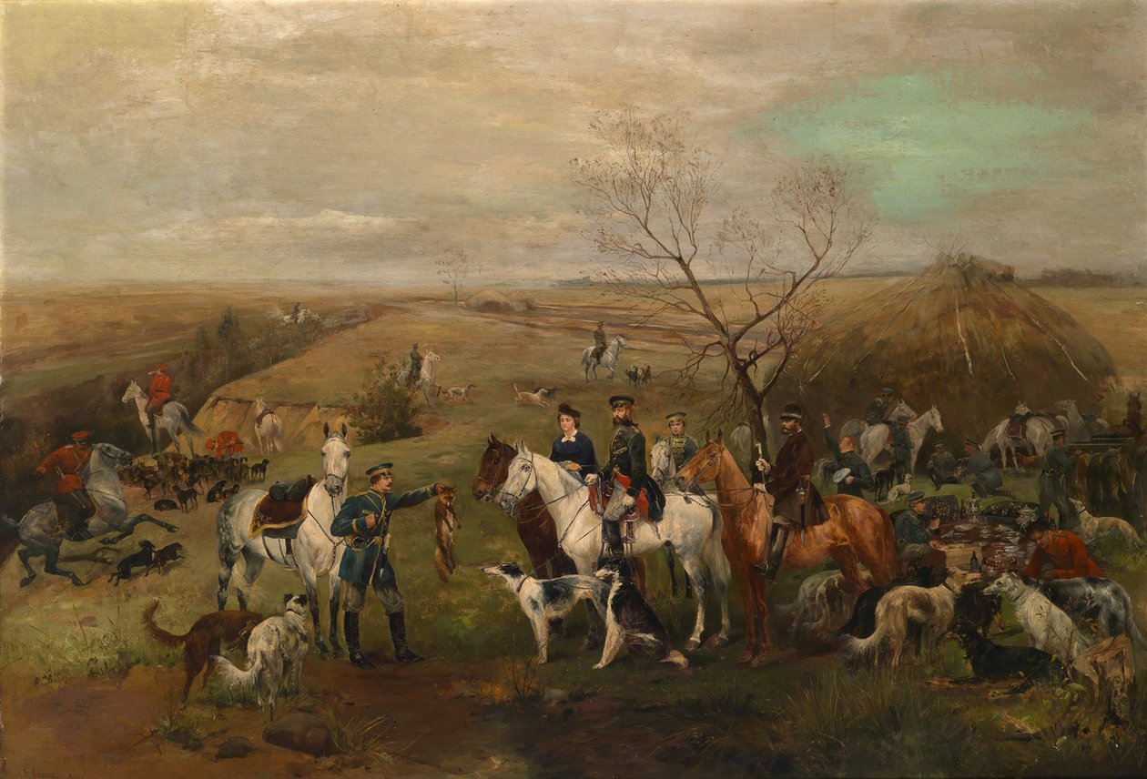 1880年代、皇帝アレクサンドル3世とマリアフェオドロフナ皇后との狩猟パーティー 作： ニコライ・セミョーノヴィッチ・サモキシュ