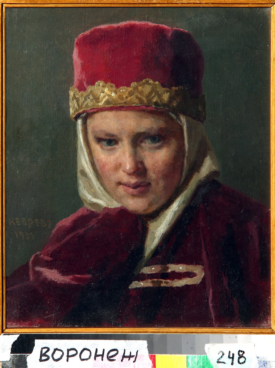 ボヤールの女 (boiard, boiar) (ボヤールの妻)。 モスクワ大公国で、古いロシアの伝統的な服を着ています。 Nikolai Vasilyevich Nevrev (1830-1904) の絵画、キャンバスに油彩 作： ニコライ・ヴァシリエビッチ・ネヴレフ