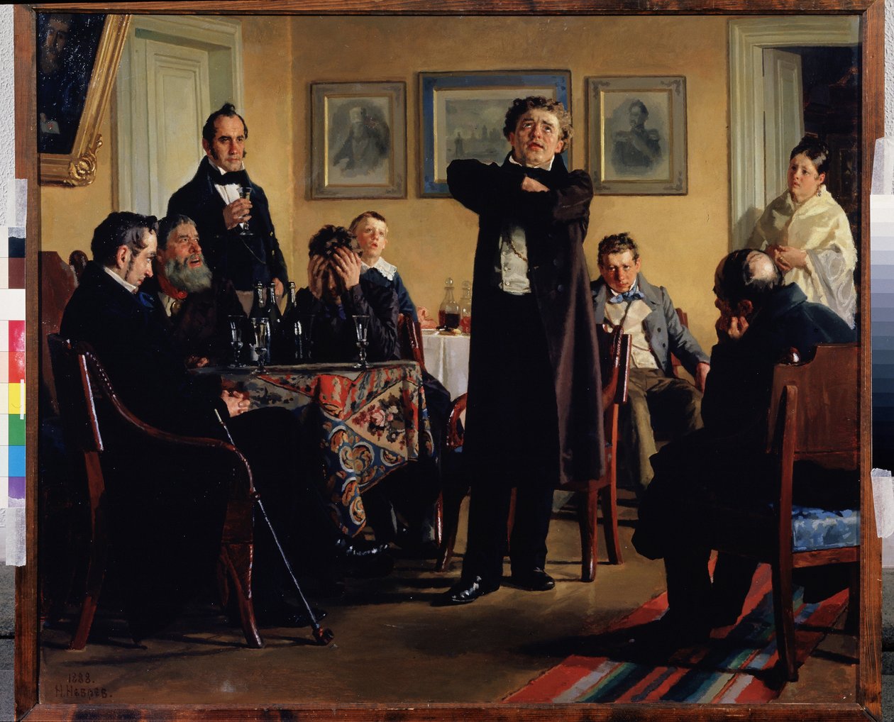 俳優のパベル モチャロフ (1808-1848) は、彼の崇拝者を囲んでいます。 （彼のファンの間で俳優P.モカロフ）。 ロマンチックなロシアの最大の悲劇と見なされている彼は、プライベートサロンでの役割を解釈し、観客は注意を払い、感情に取り込まれます 作： ニコライ・ヴァシリエビッチ・ネヴレフ