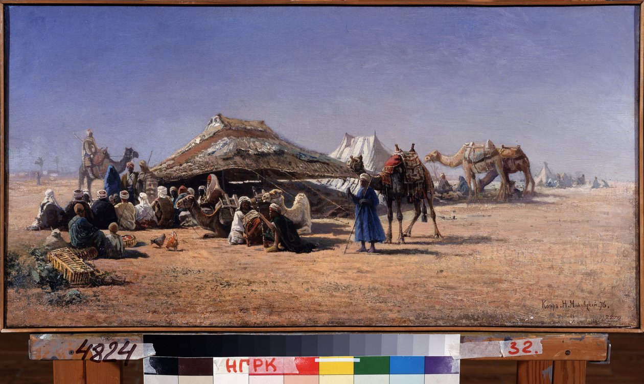 カイロ (エジプト) (カイロ). 砂漠のキャラバンのキャンプシーン、背景の街。 Nikolai Yegorovich Makovsky (1842-1886) の絵画、キャンバスに油彩 作： ニコライ・イェゴロビッチ・マコフスキー