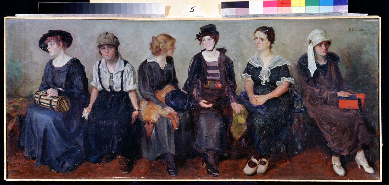 劇団（劇団）。 6人の若い女性が並んで座った、さまざまな表情の肖像画。 Nikolai Alexeyevich Kasatkin (Kasatkin) (1859-1930) による絵画、キャンバスに油彩 作： ニコライ・アレクセーヴィチ・カサトキン