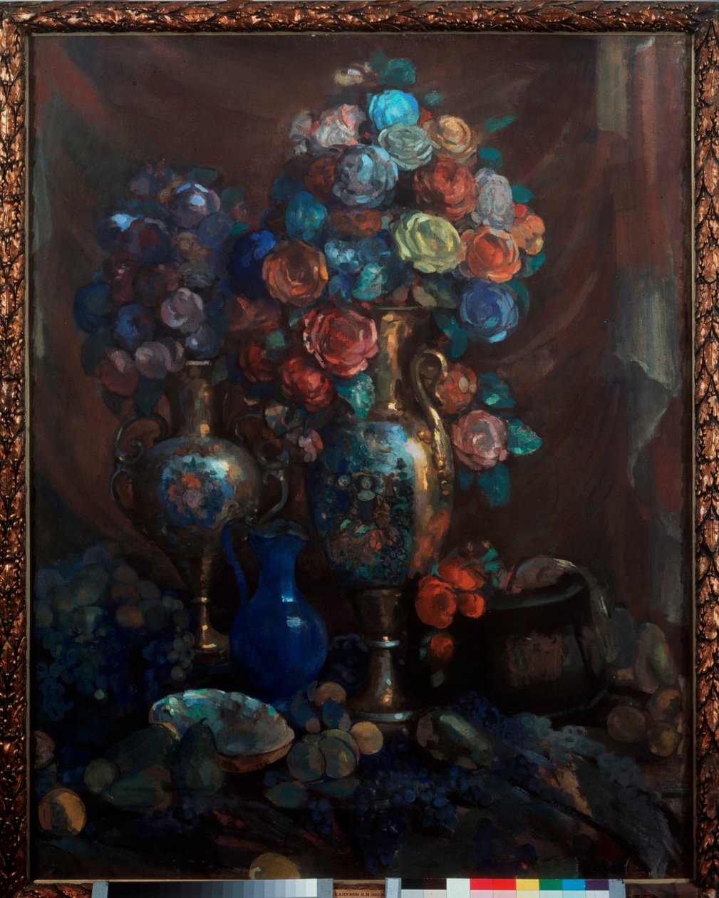Nature morte (Vases, fleurs et fruit) - Still life (Vases, flowers and fruit) - Nikolai Nikolayevich Sapunov (Sapunov) (1880-1912) 作、キャンバスにテンペラ 作： ニコライ・ニコラエヴィッチ・サプノフ