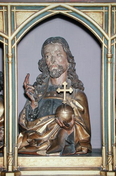 イエスキリストの木彫り、イセンハイムの祭壇画のプレデラからの細部、1490年頃（塗装済み木材） 作： ニコラウス・ヘゲナウアー