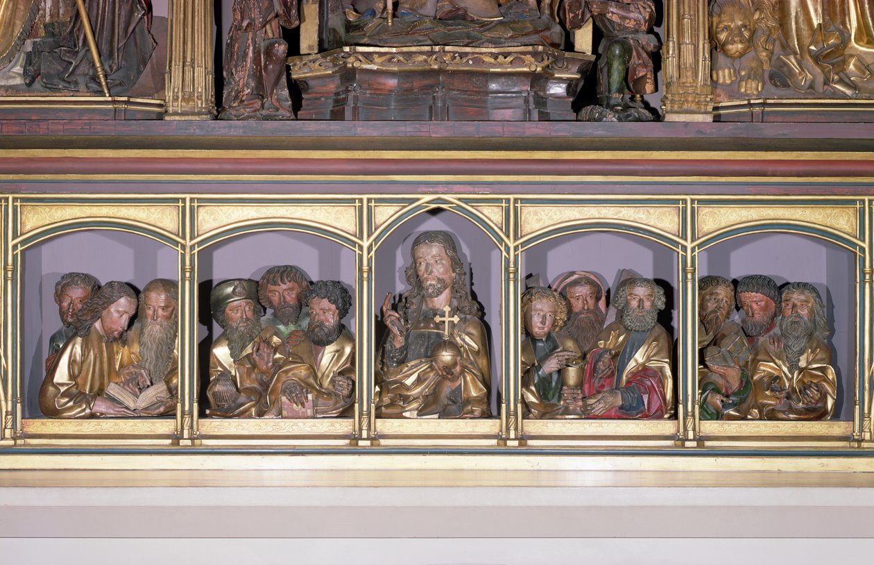 キリストと十二使徒の木製彫刻、アイゼンハイムの祭壇画の納置台のプレデラから、1490年頃（塗られた木）
