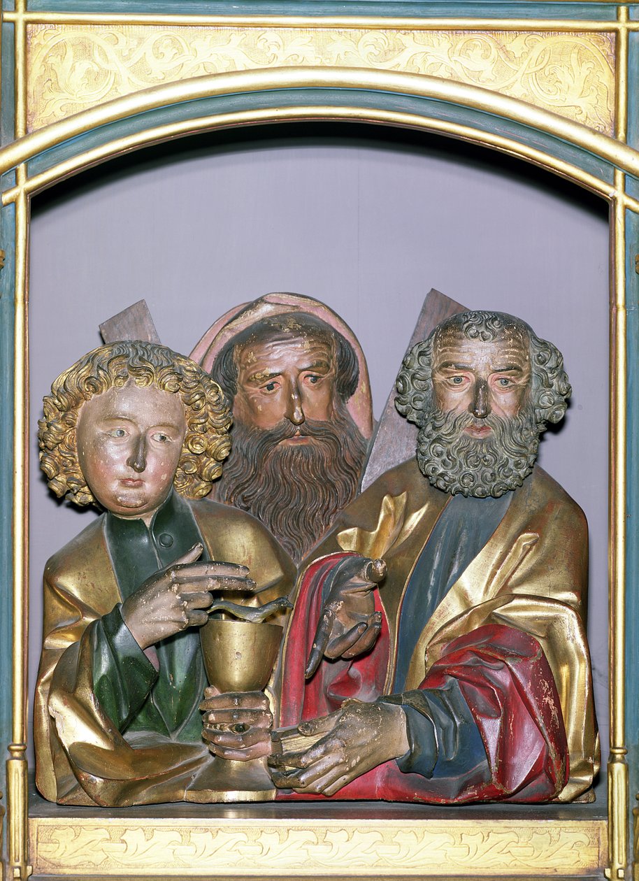 SSの木製彫刻。ジョン、アンドリュー、ピーター、アイゼンハイム祭壇画のプレデラから、c.1490（塗装済み木材） 作： ニコラウス・ヘゲナウアー