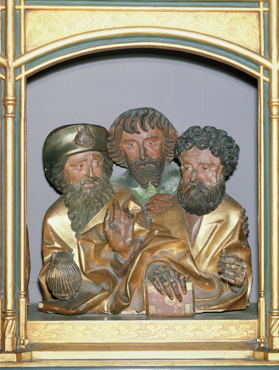 聖ジェームズ大、聖シモン、聖タデウスの木造彫刻、アイゼンハイム祭壇画のプレデラ、c.1490（塗られた木） 作： ニコラウス・ヘゲナウアー