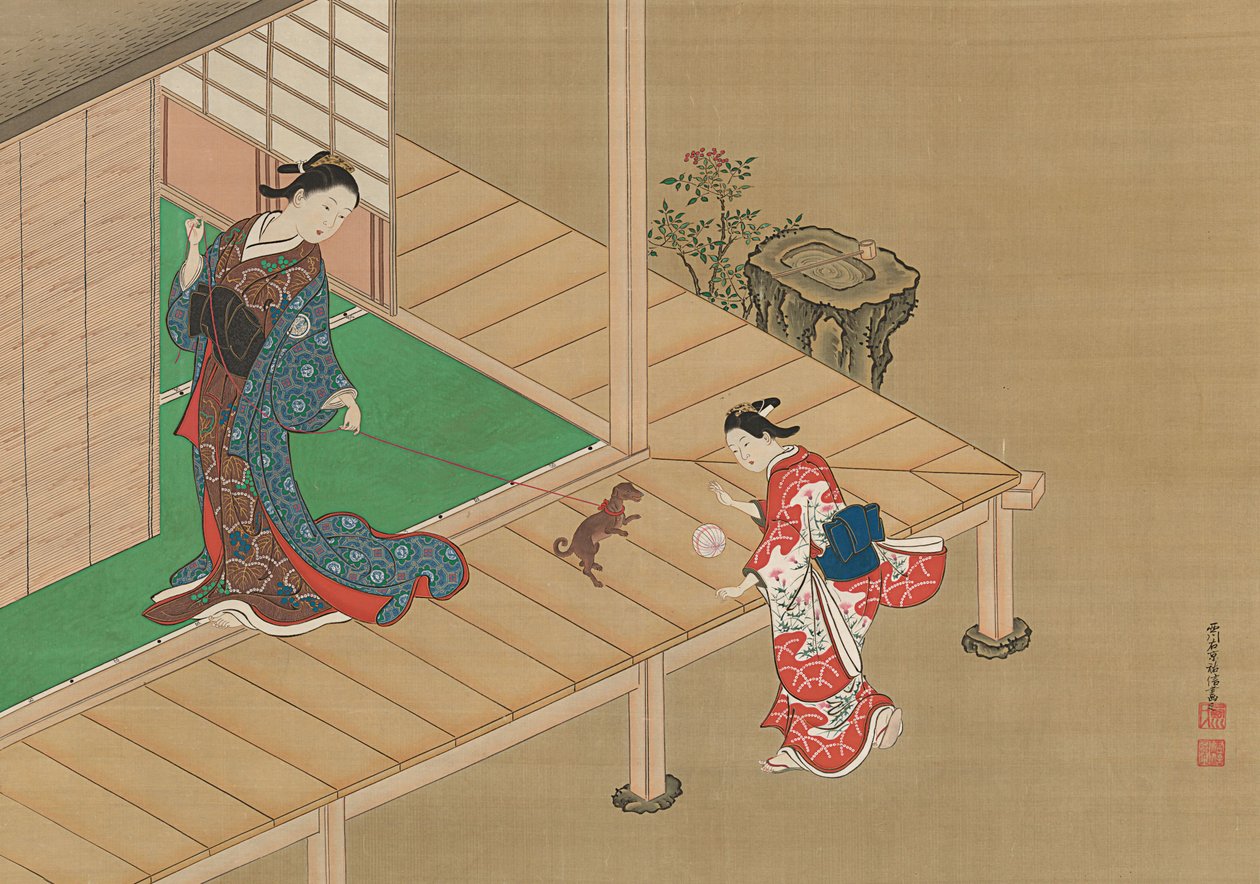 遊女と犬と遊ぶアテンダント1716-1736。 作： 西川祐信