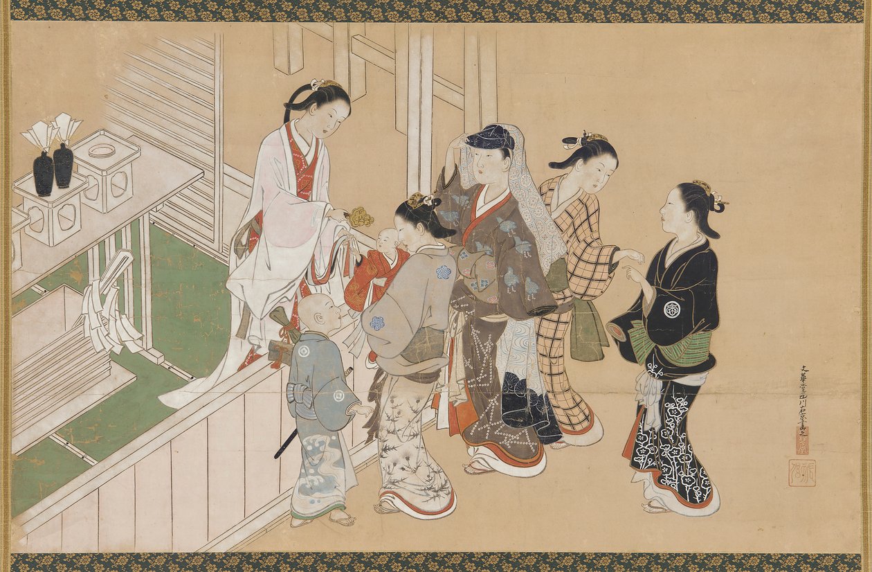 幼児の初詣、江戸時代、17世紀後半～18世紀前半。 作： 西川祐信
