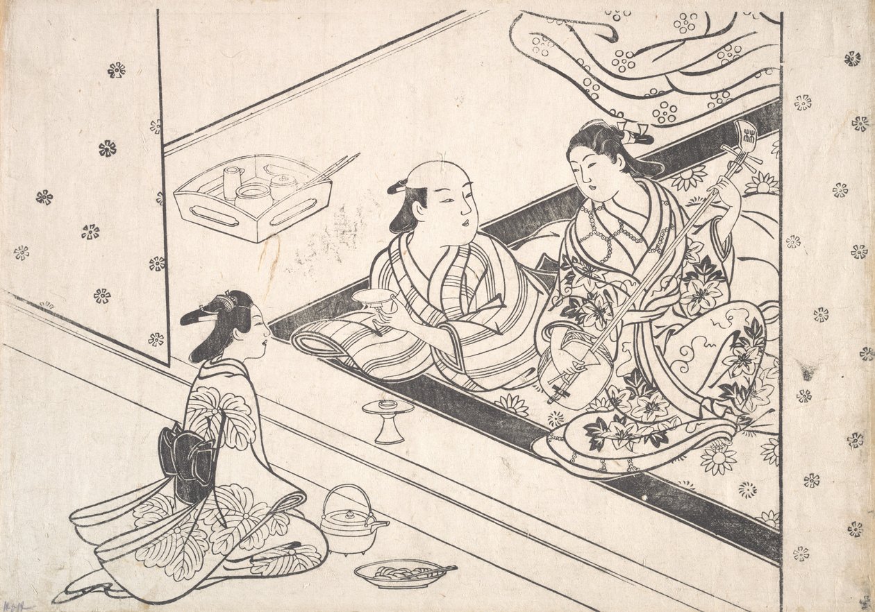 三味線を奏でる淑女と恋人と従者がそばにいる。 作： 西川祐信