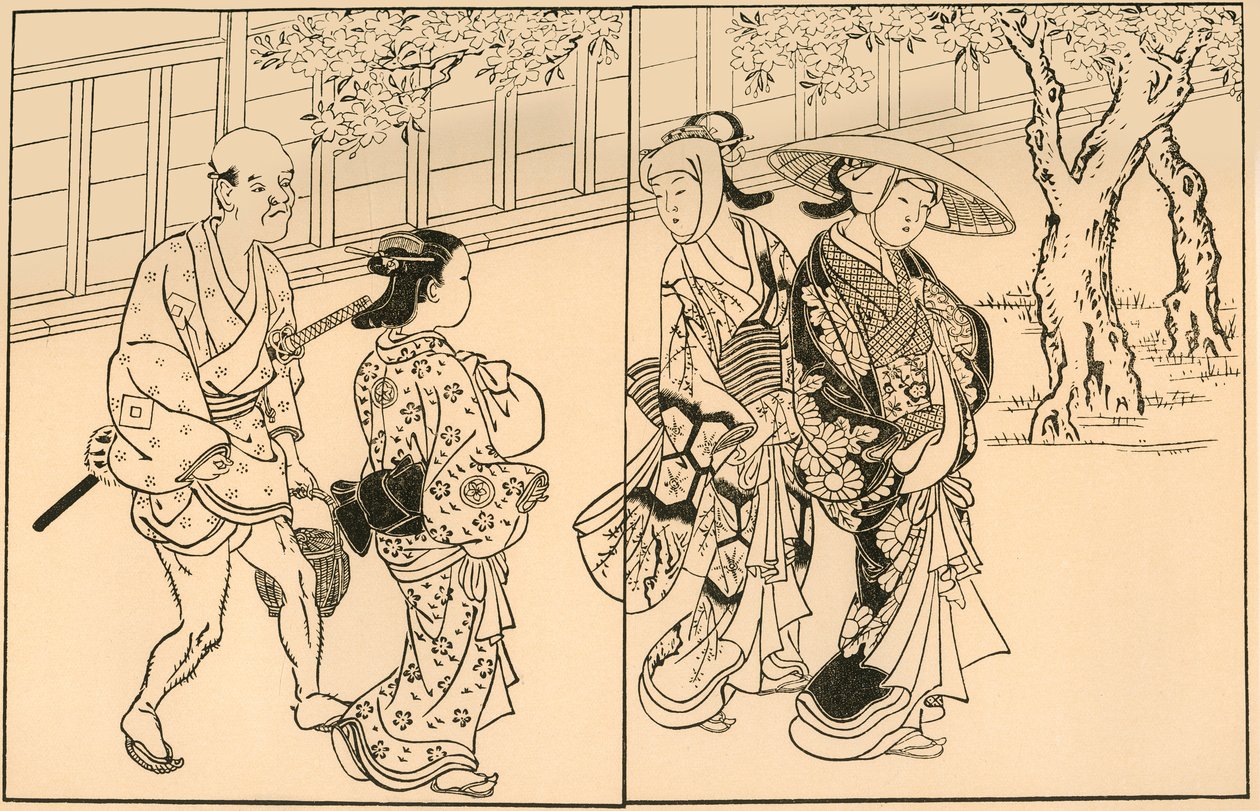 3人の女性と男性の召使い、1730年、1924年。 作： 西川祐信