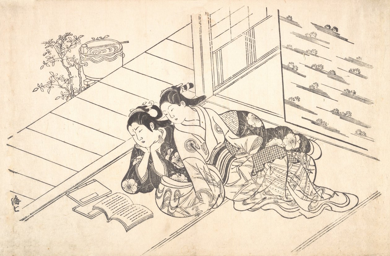 部屋の床に寄りかかって本を読む 2 人の女性。 1730年頃。 1730年。 作： 西川祐信