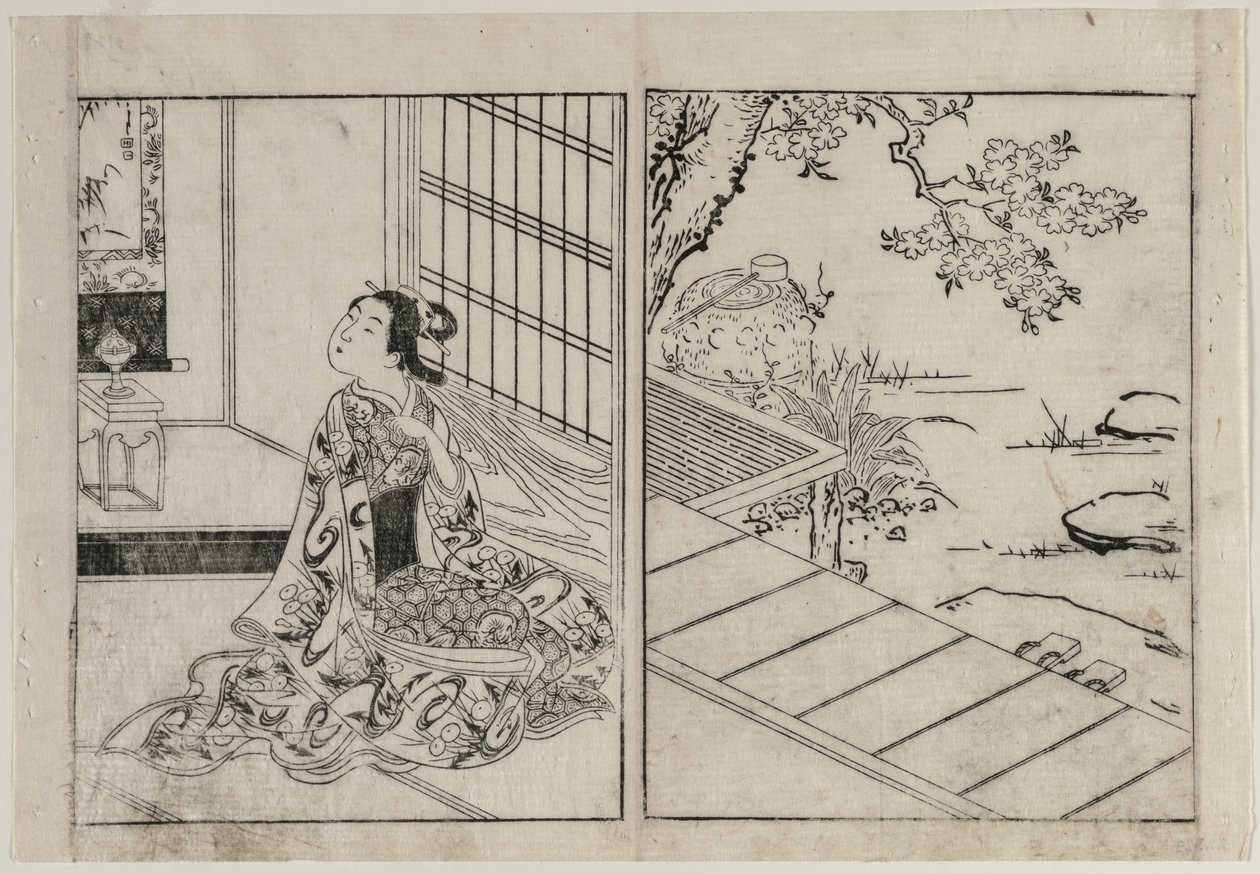 掛け軸を見る女性 作： 西川祐信
