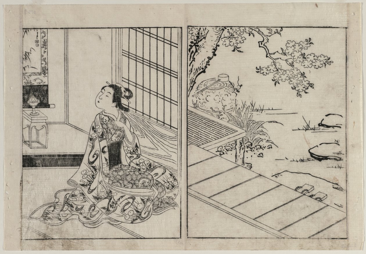 掛軸を見る女c。 1740年代。 作： 西川祐信