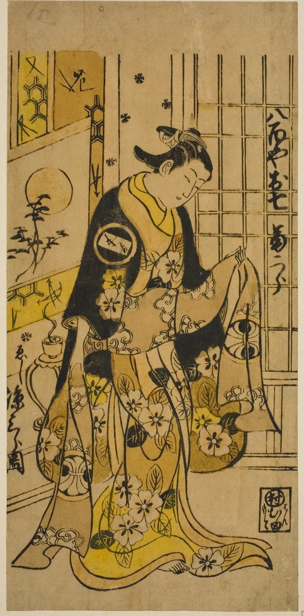 1732年3月、市村座で上演された芝居『松竹梅権現蘇我』で、俳優・瀬川菊次郎初代お七役。 作： 西村豊信