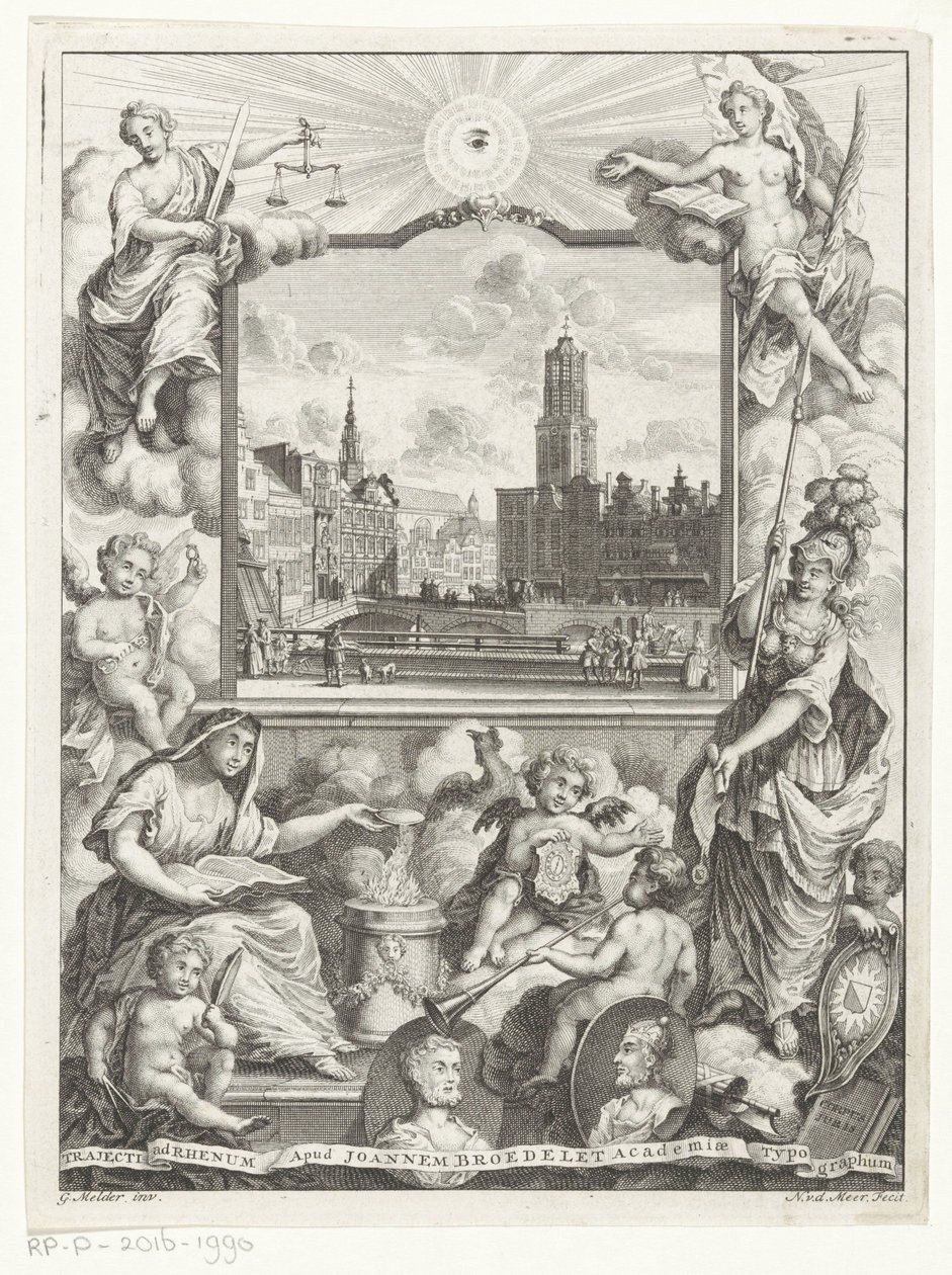 Stadsgezicht met Domkerk te Utrecht en allegorie met Utrechtse stedenmaagd タイトル: Elias de Vries, Dissertatio juridica, de jure naturale ac gentium, seu duobus アプリオリバス ジュリス フォンティバス, 1745. 作： Noach van der Meer（I）