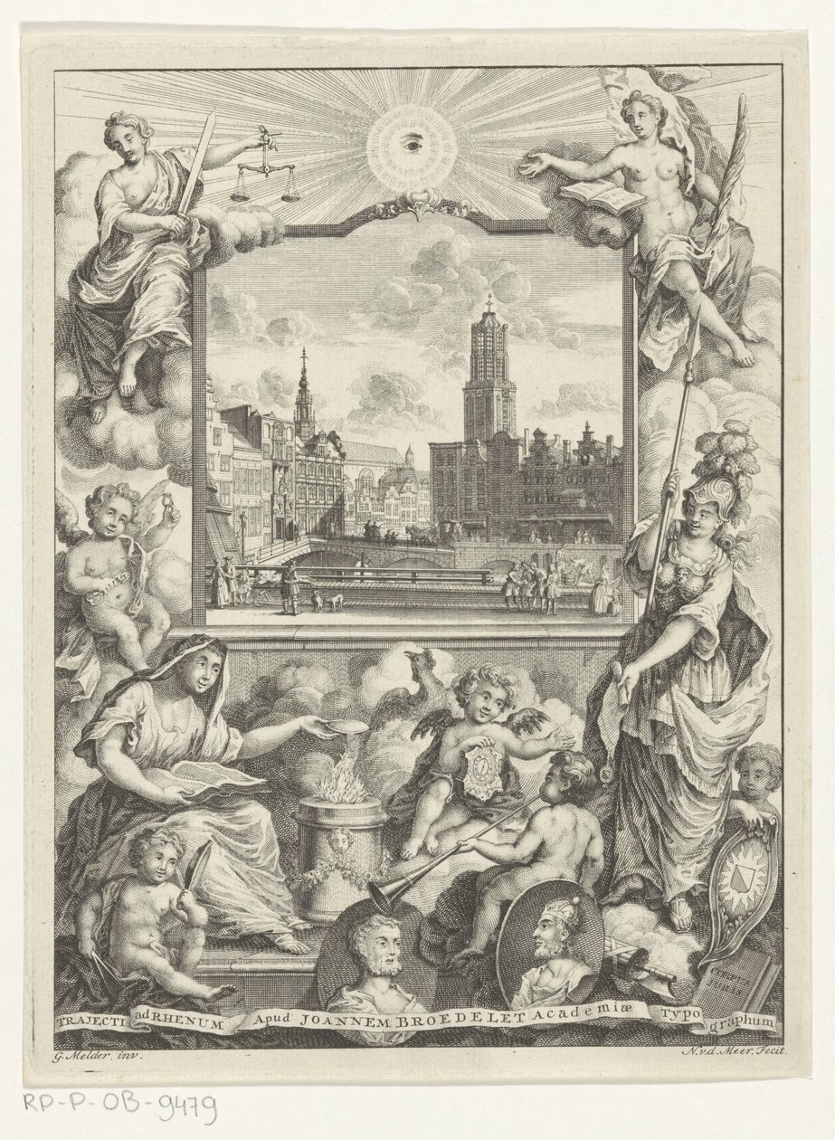 Stadsgezicht met Domkerk te Utrecht en allegorie met Utrechtse stedenmaagd タイトル: Elias de Vries, Dissertatio juridica, de jure naturale ac gentium, seu duobus アプリオリバス ジュリス フォンティバス, 1745. 作： Noach van der Meer（I）