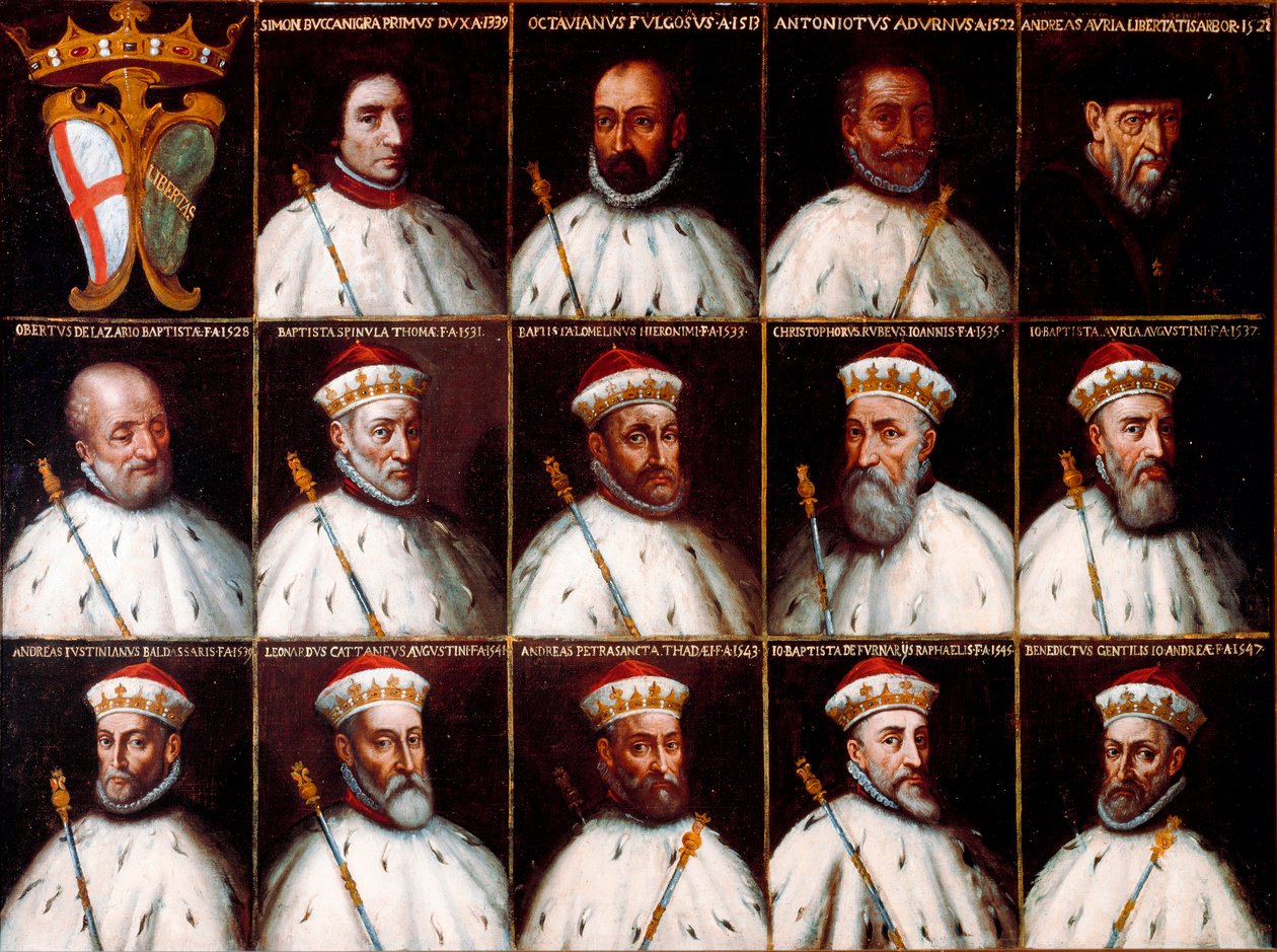 Wappen der Republik Genua und Porträts der Dogen - Simone Boccanegra, Ottaviano Fregoso und Antoniotto II Adorno; Andrea Doria. Oberto Cattaneo Lazzari, Battista Spinola, Battista Lomellini, Cristoforo Grilaldi Rosso, Giovanni Battista Doria von Northern Italian School