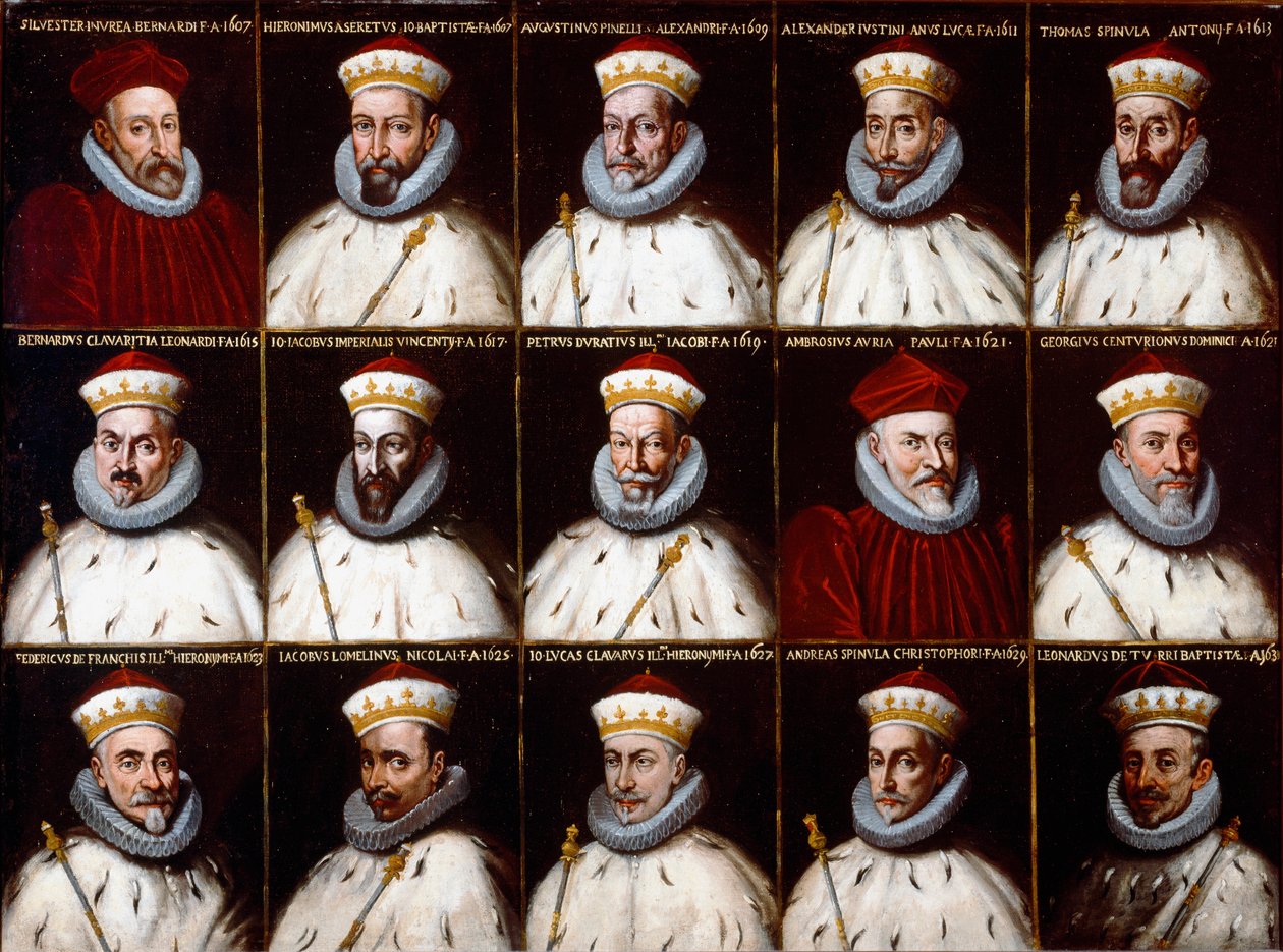 Wappen der Republik Genua und Porträts der Dogen. Silvestro Invrea, Gerolamo Assereto, Agostino Pinello Luciani, Alessandro Giustiniani Longo, Tomaso Spinola, Clavarezza Bernardo, Giovanni Giacomo Imperiale (Tartaro), Pietro Durazzo, Ambrogio von Northern Italian School