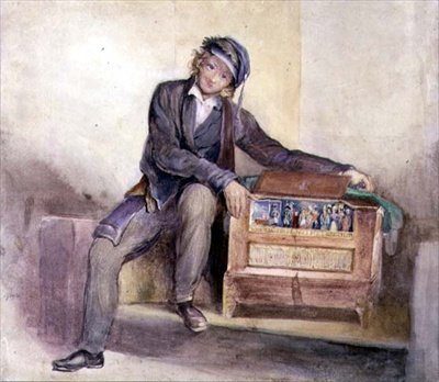 The Organ Grinder, c.1840 （紙に鉛筆の上に水彩画 作： オクタヴィウス・オークリー