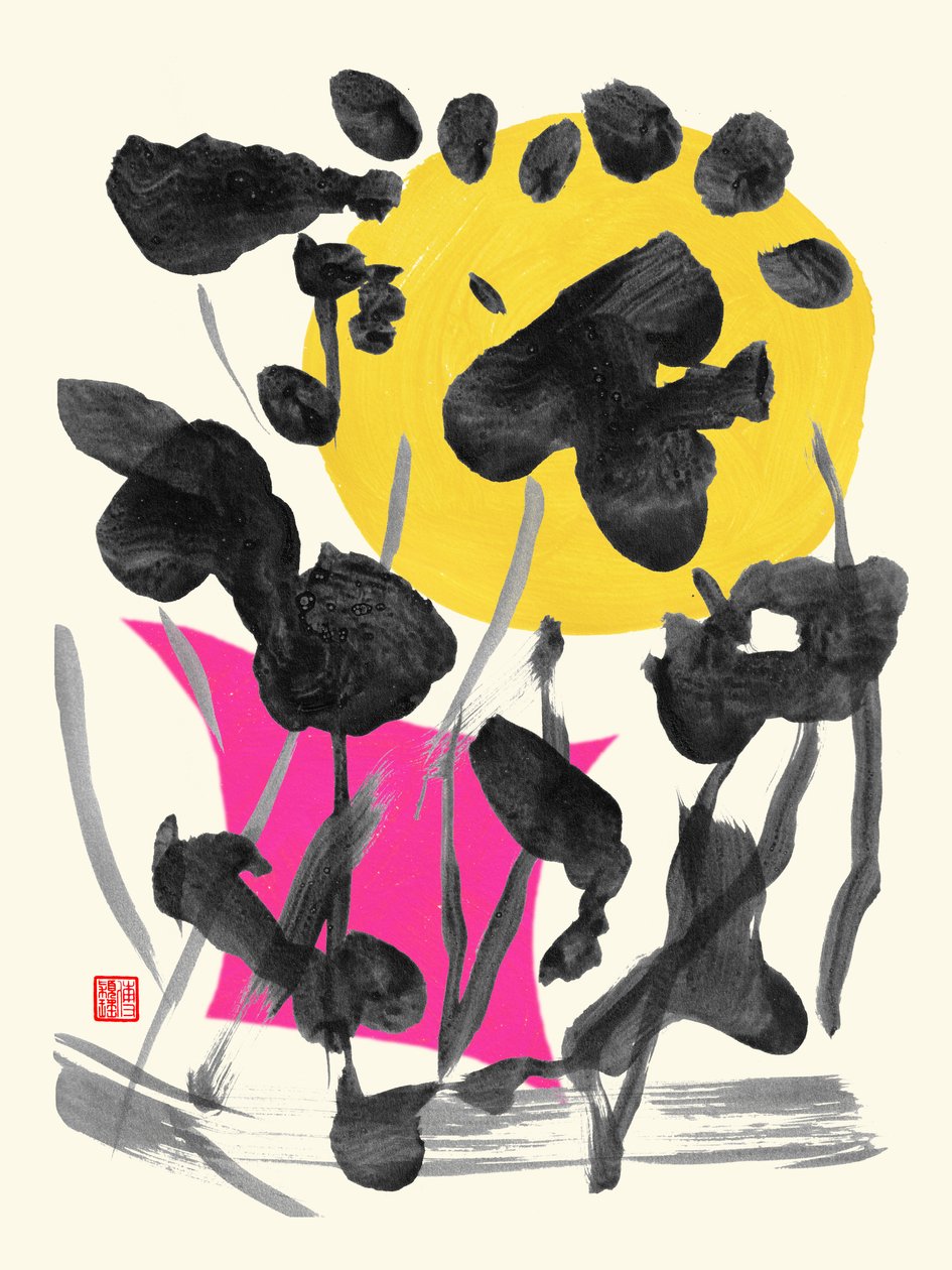 Zen Full Moon Ink Flowers, 2023（アクリル、紙、デジタル） 作： オディリア ワイオミング州