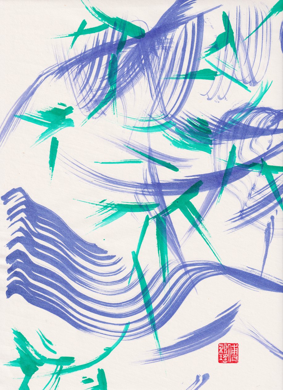 Zen Green Bamboo Abstraction 1, 2020（アクリル、宣紙） 作： オディリア ワイオミング州