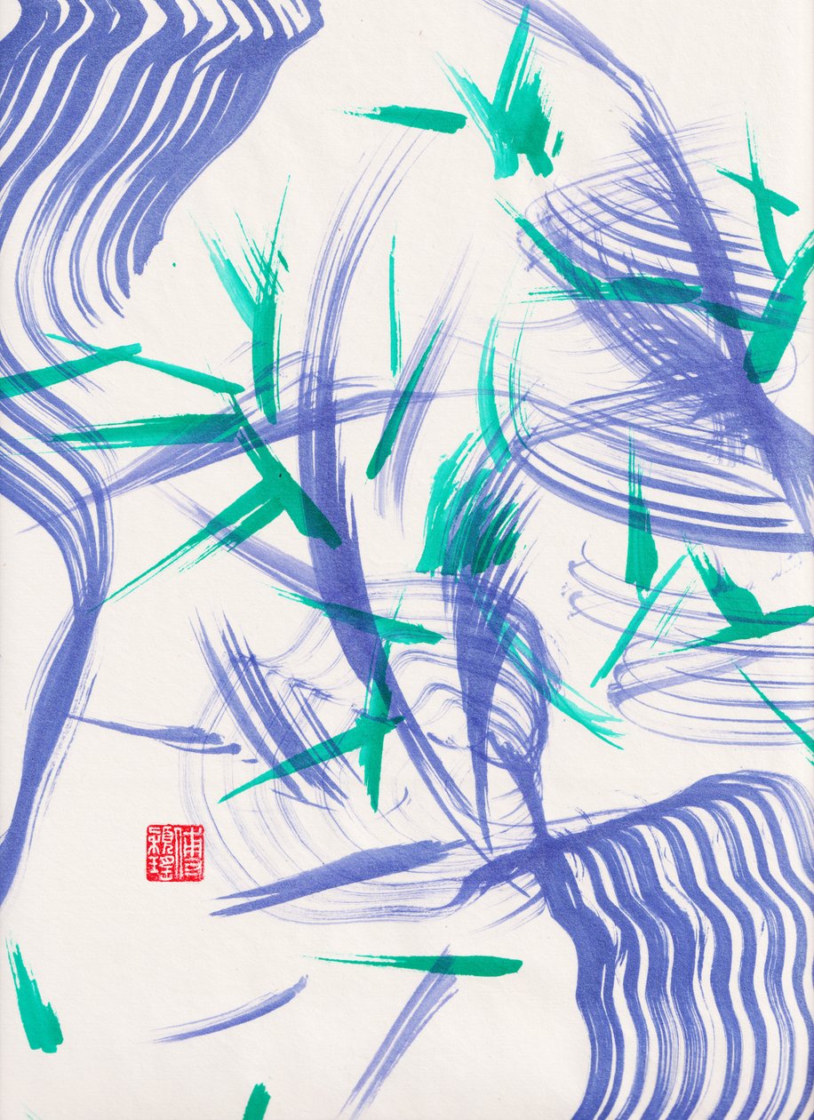 Zen Green Bamboo Abstraction 2, 2020（アクリル、宣紙） 作： オディリア ワイオミング州