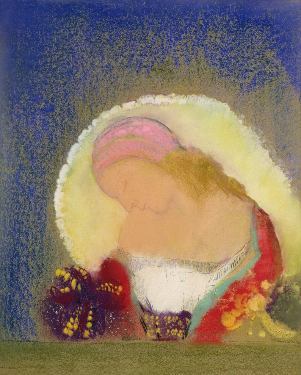 花を持つ少女のプロフィール、c.1900（紙にパステル） 作： オディロン・ルドン