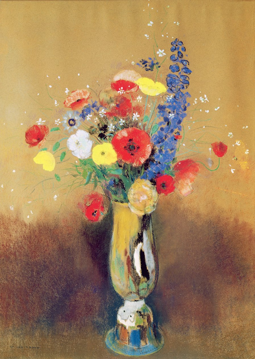 首の長い花瓶の野生の花、1912年頃（紙にパステル） 作： オディロン・ルドン