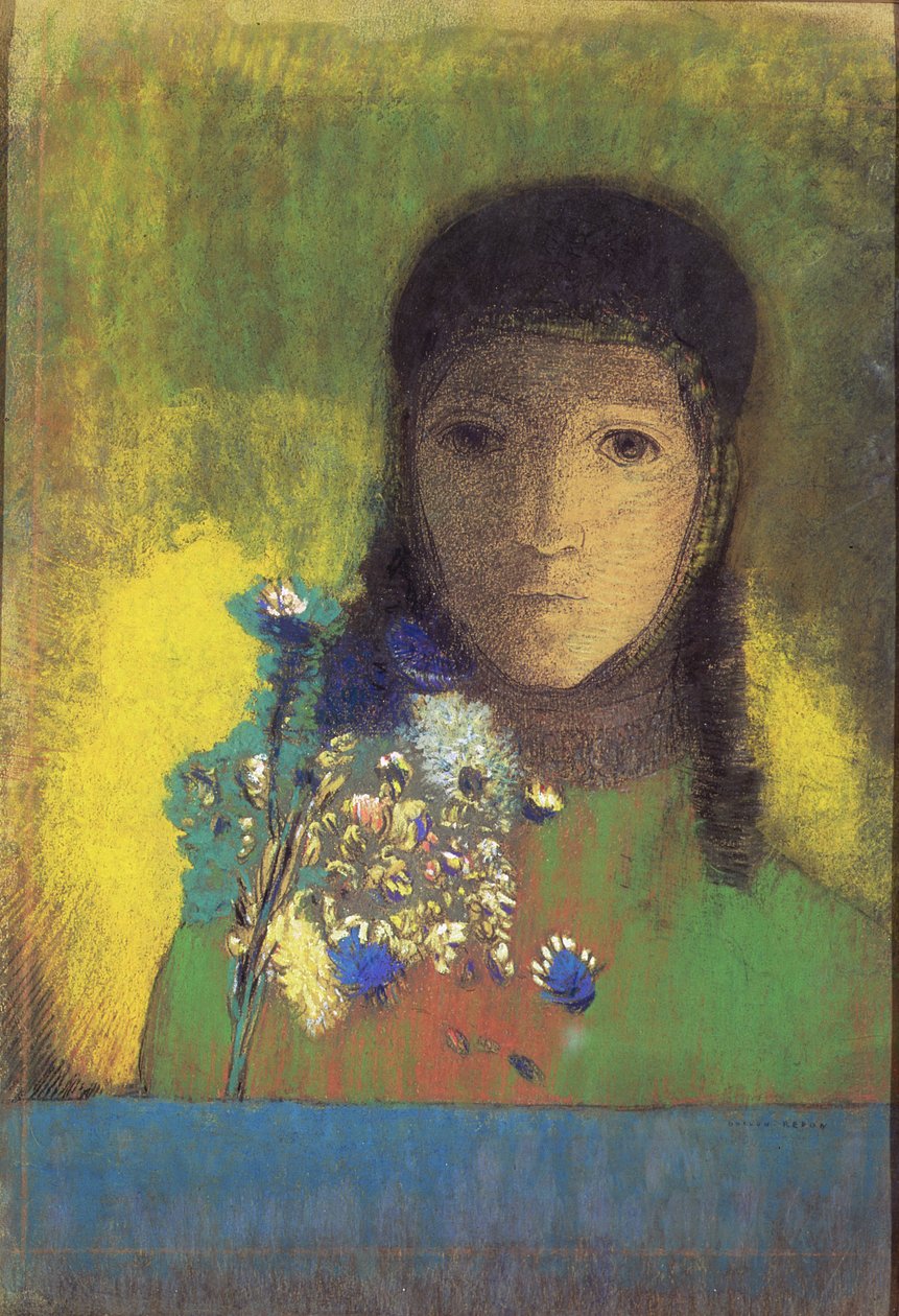 野生の花を持つ女性、1895-1900（パステル、木炭） 作： オディロン・ルドン