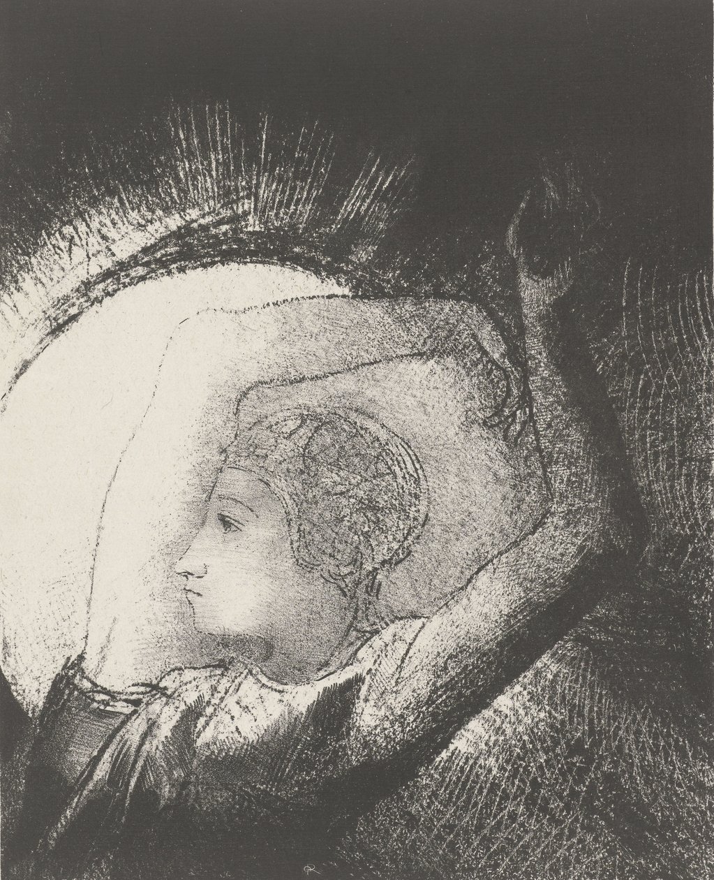 1899年の太陽に服を着た女（版画） 作： オディロン・ルドン