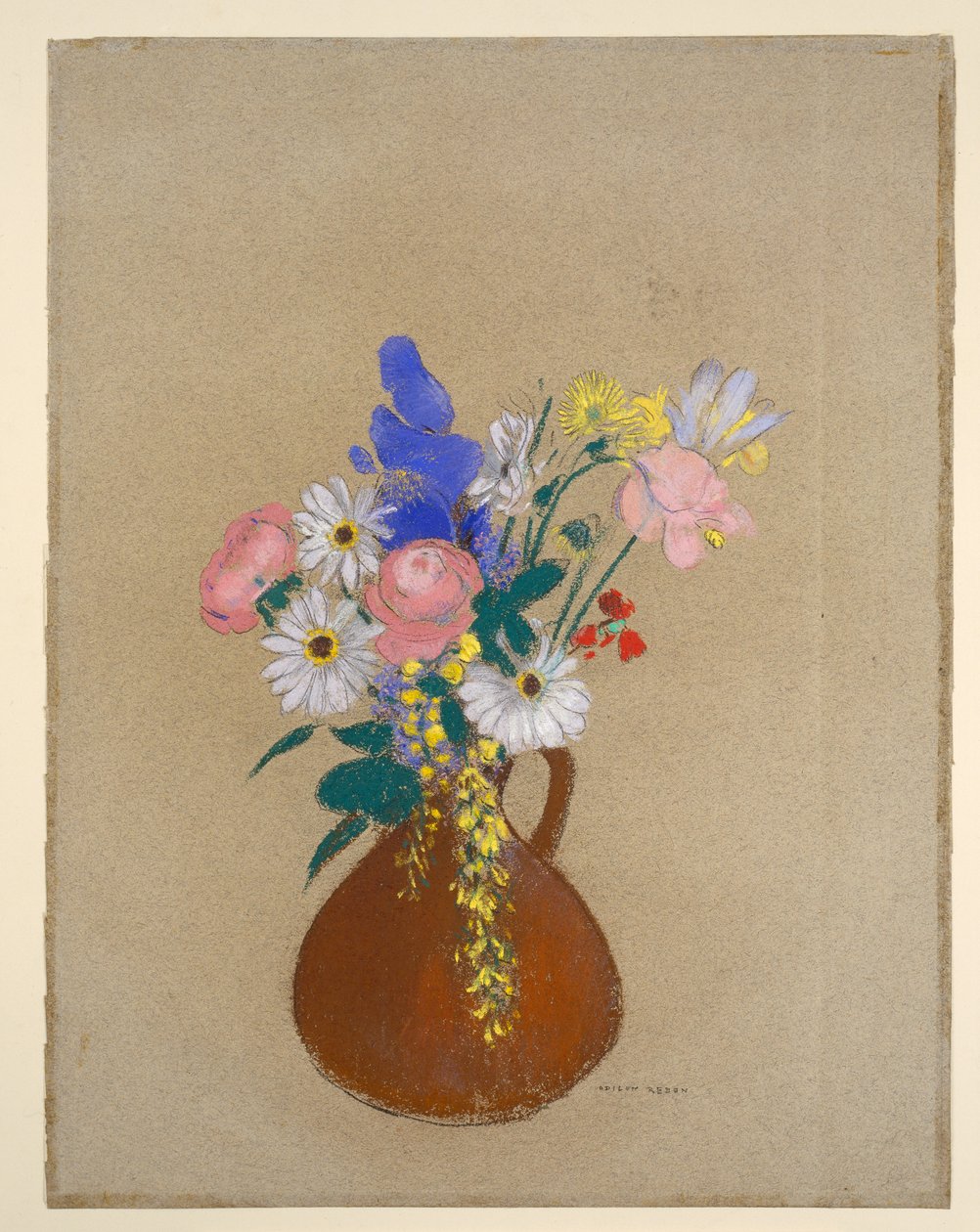 茶色の陶器の花瓶に生けた花束 作： オディロン・ルドン