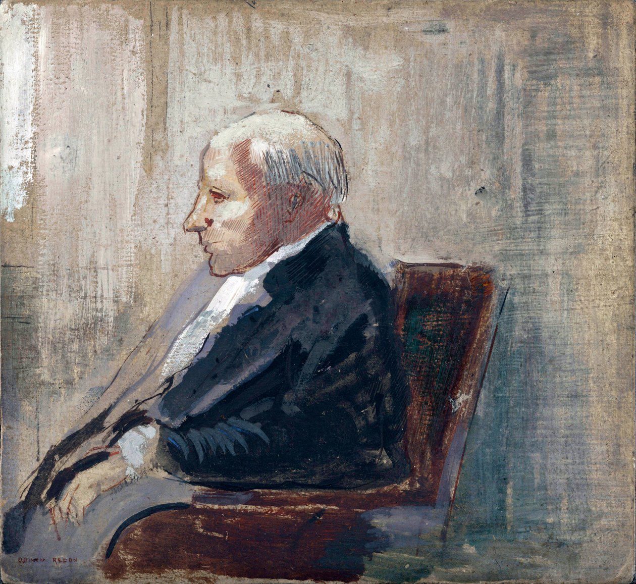 座っている男 - オディロン・ルドン (1840-1916) 作、厚紙に油彩 (21.9x23.5 cm)、1910年頃 - MOMA (近代美術館)、ニューヨーク (アメリカ) 作： オディロン・ルドン