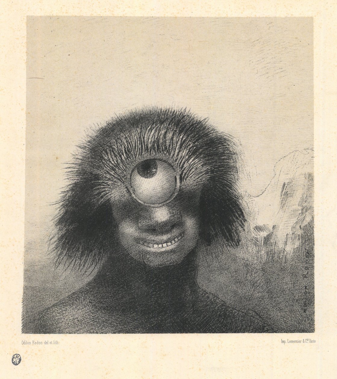 Le polype difforme flottait sur les rivages, sorte de cyclope souriant et hideux - 不格好なポリプは海岸に浮かび、微笑みと隠れたサイクロプスの一種である。シリーズ「起源」より、ルドン、オディロン（1840-1916）。リトグラフ、サイズ：21,4x19,9 作： オディロン・ルドン