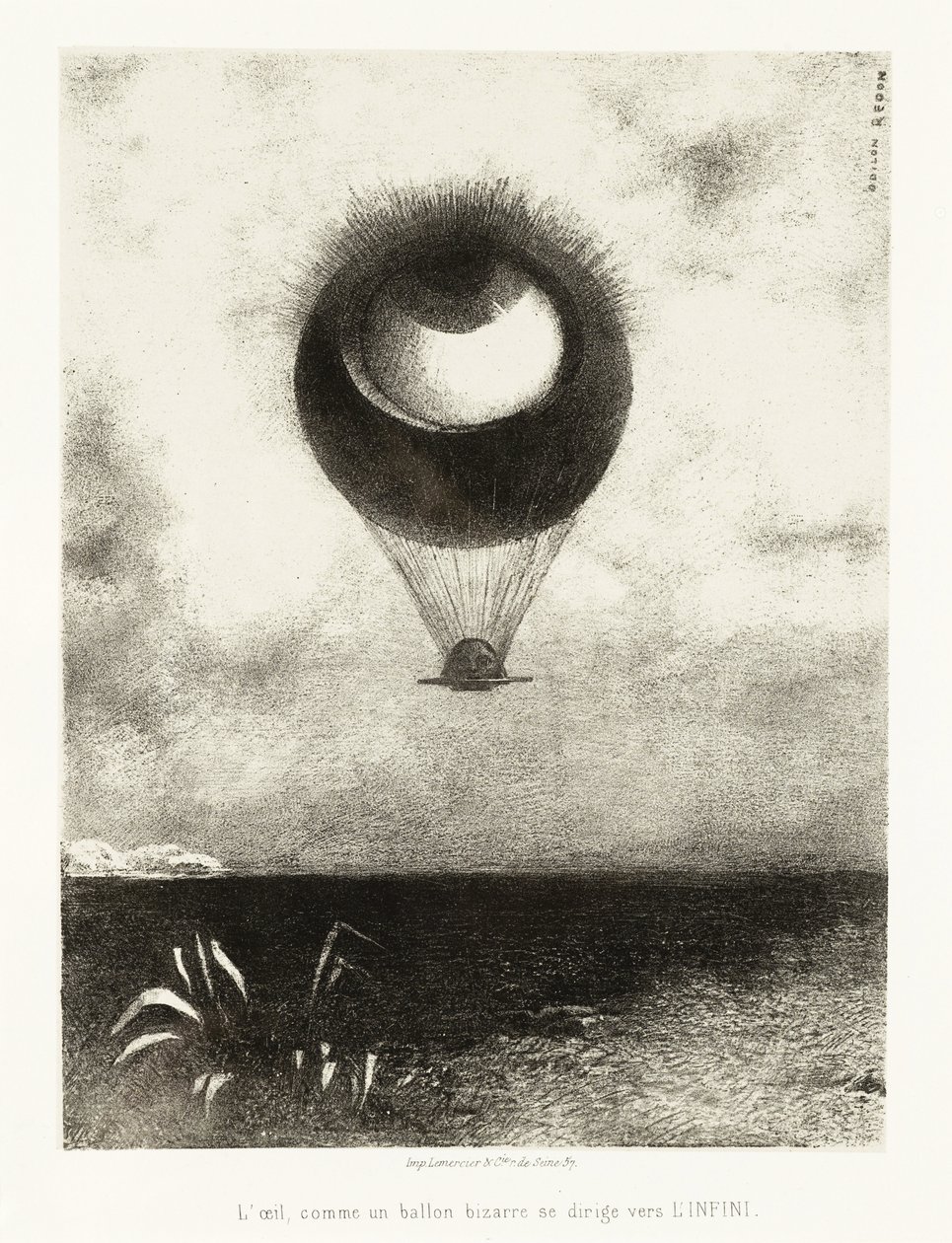 エドガー・ポーのためのイラストシリーズ：オディロン・ルドン（1840-1916）のリトグラフ「The Eye, Like a Strange Balloon, Mounts towards Infinity」。 作： オディロン・ルドン