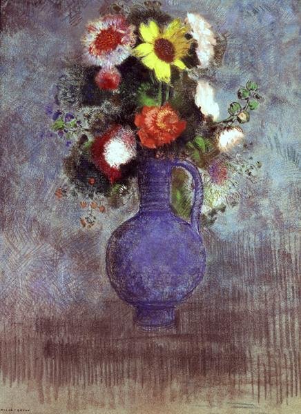 青い花瓶の花の静物画（パステル調） 作： オディロン・ルドン