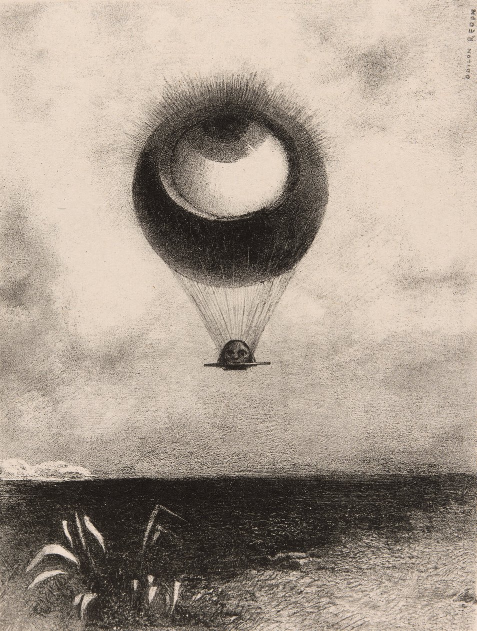 The Eye, Like a Strange Balloon Moves Towards Towards Infinity, プレート 1 から エドガー・ポーへ 作： オディロン・ルドン