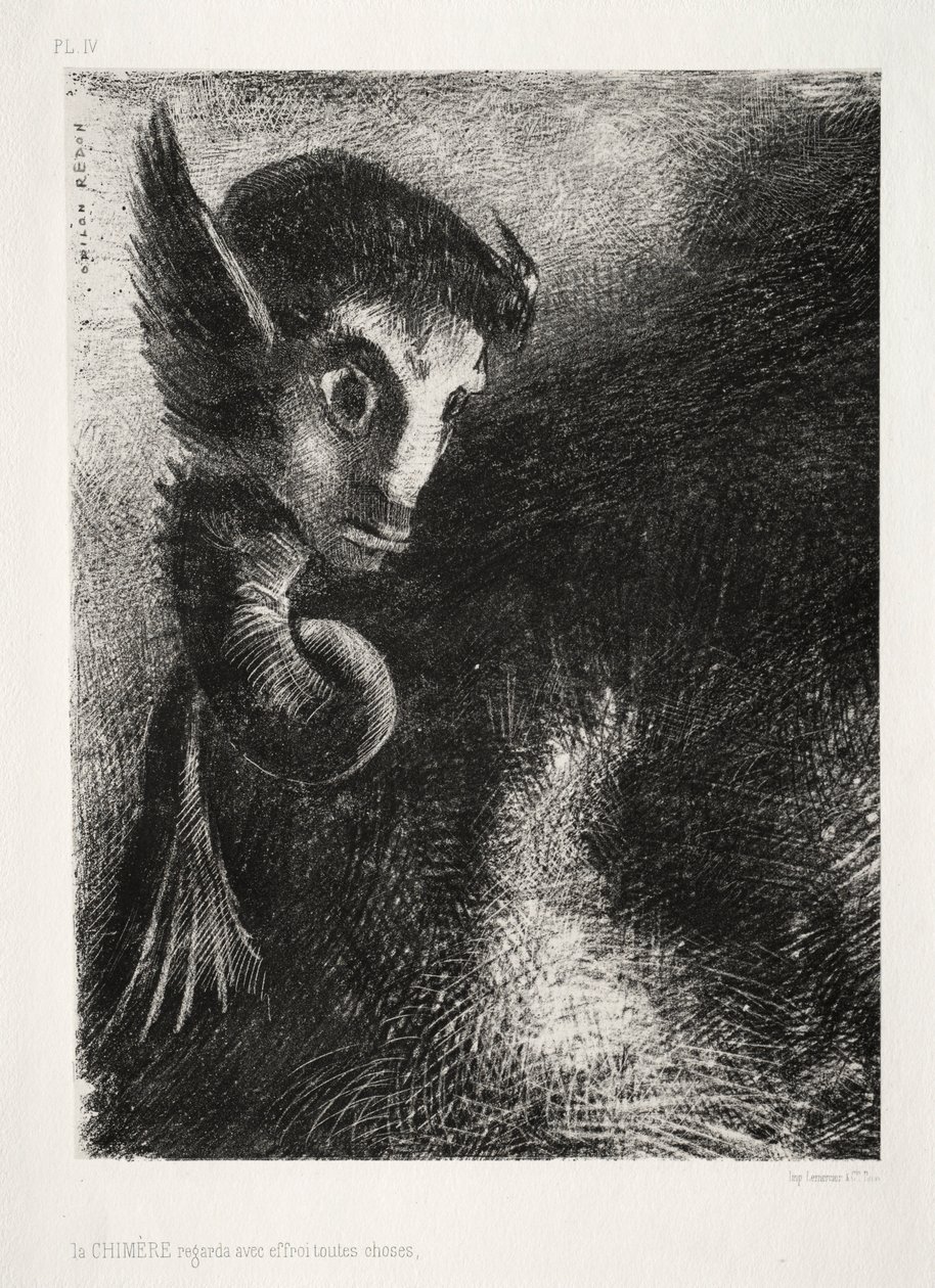 The Night：The Chimera Gaze All All Things with Fear、1886。 作： オディロン・ルドン