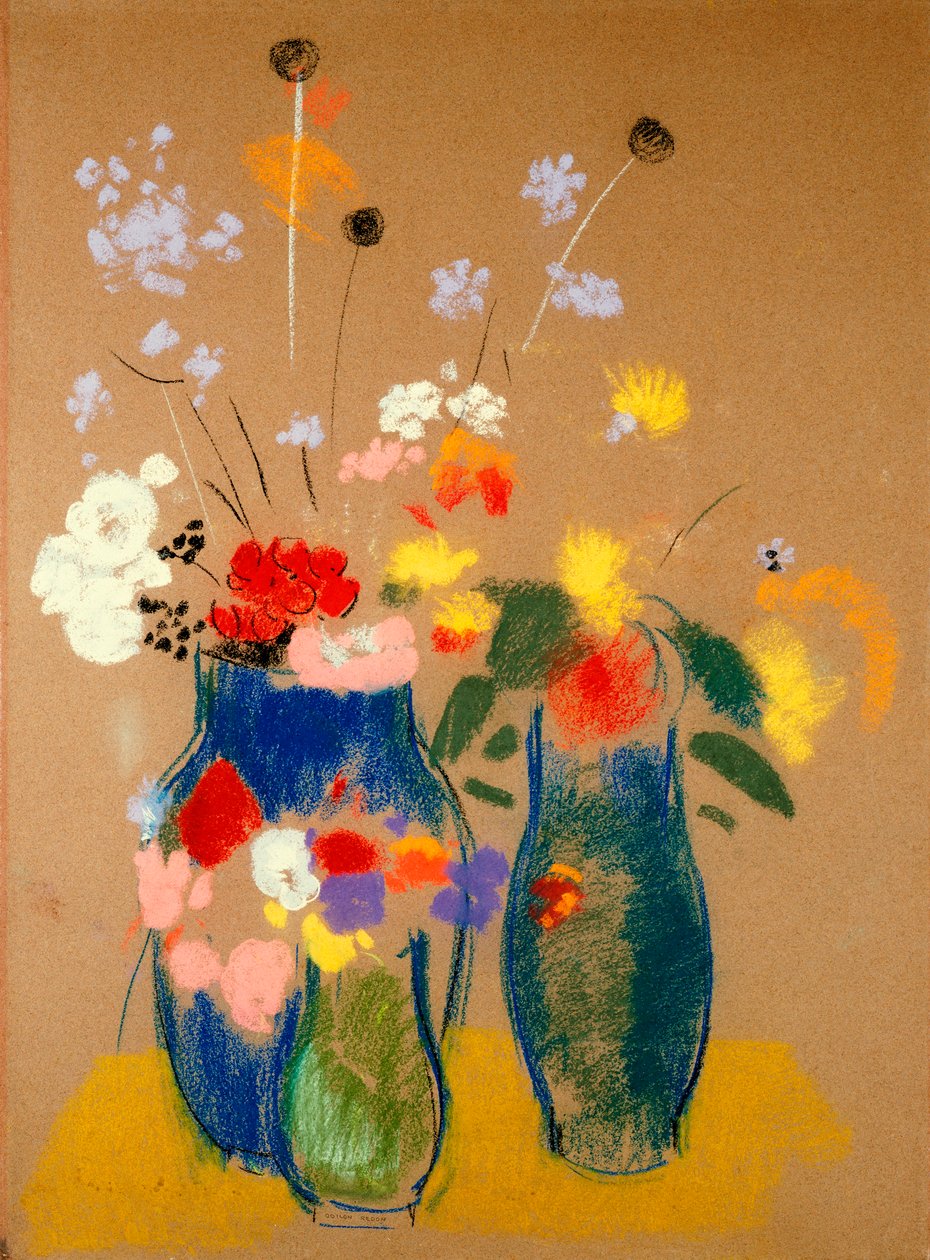 花瓶3つ、c.1908-10（紙にパステル） 作： オディロン・ルドン