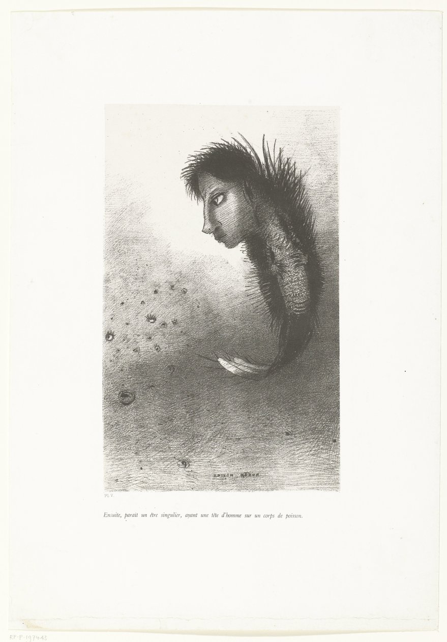すると、人間の頭と魚の体を持つ奇妙な生き物が現れました Ensuite, parait un être singulier, ayant une tête d