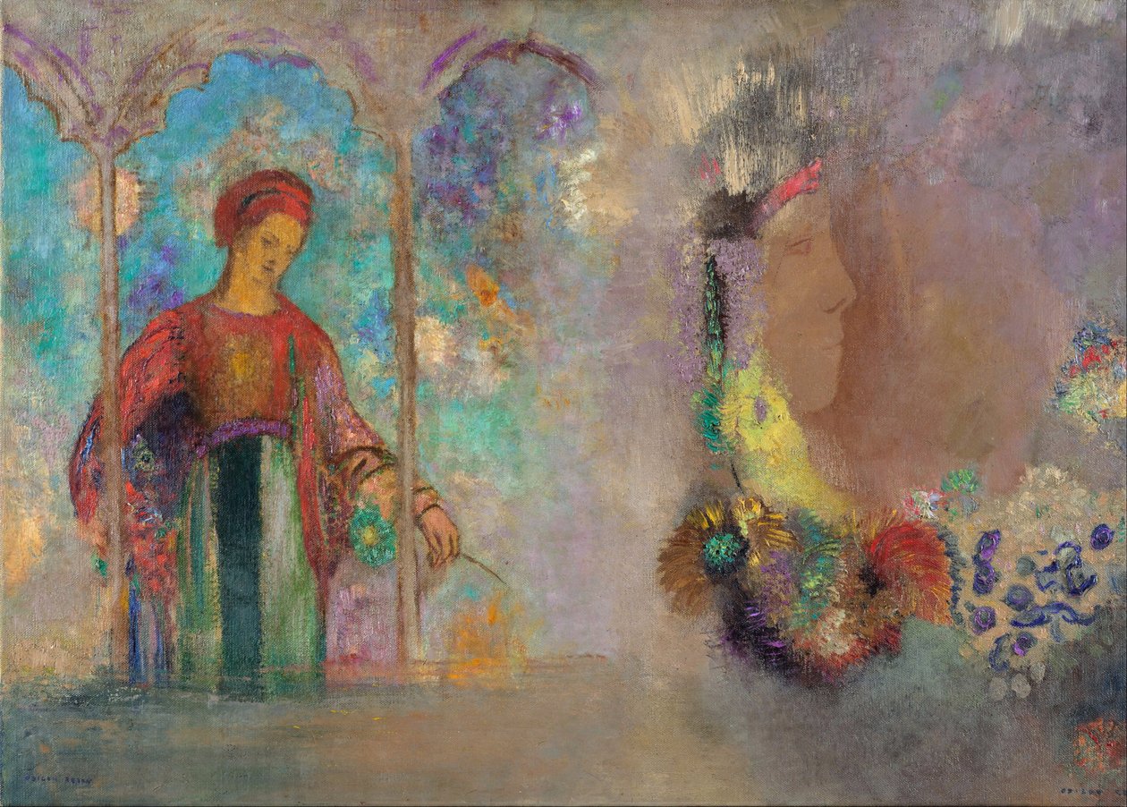 ゴシック調のアーケードにいる女性 - 花を持つ女性 - Peinture de Odilon Redon(1840-1916) 作： オディロン・ルドン