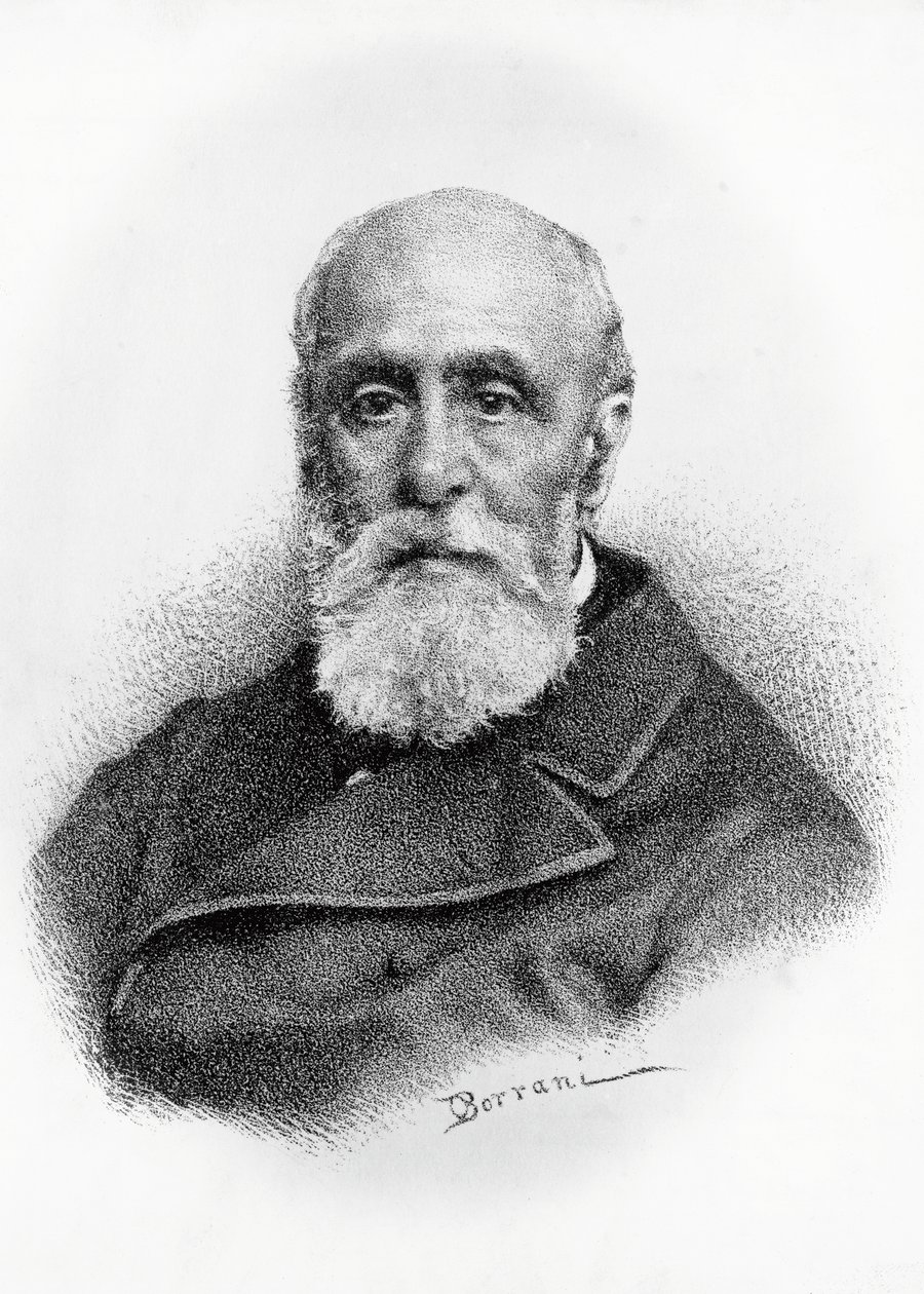 ジョヴァンニ・ルッフィーニ (1807-1881) の肖像画、イタリアの詩人で愛国者、オドアルド・ボラーニ (1833-1905) が描いたリトグラフ 作： オドアルド・ボラーニ
