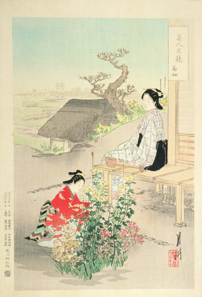 「菊の花園」、「花と競う美女」シリーズ、1893（カラー木版画） 作： 尾形月光