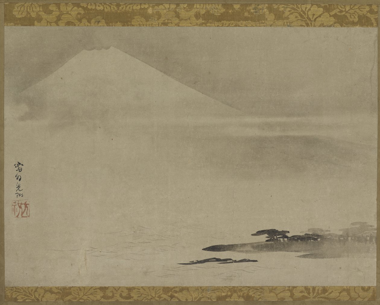 風景：山海からの富士、掛け軸（パネルに取り付け）、17世紀後半〜18世紀初頭（紙にインク） 作： 尾形光琳