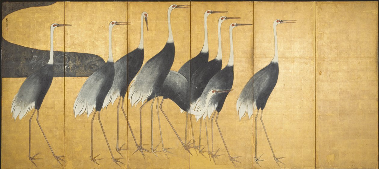 鶴、江戸時代を描いた6パネルの画面（インク、色、紙に金と銀） 作： 尾形光琳